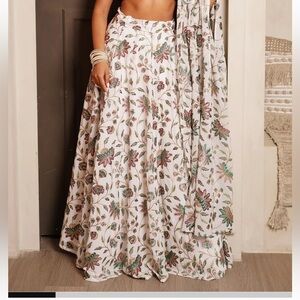 The saree room floral embroidery sequin green White Maxi lehenga skirt